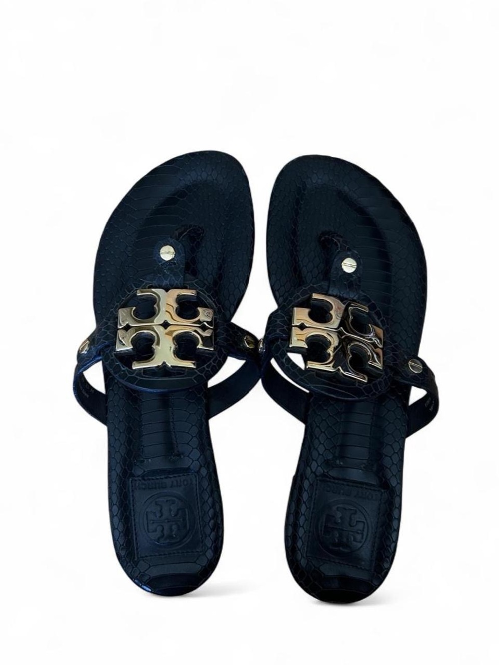 Tory Burch Black Sandals with Gold Logo Medallions